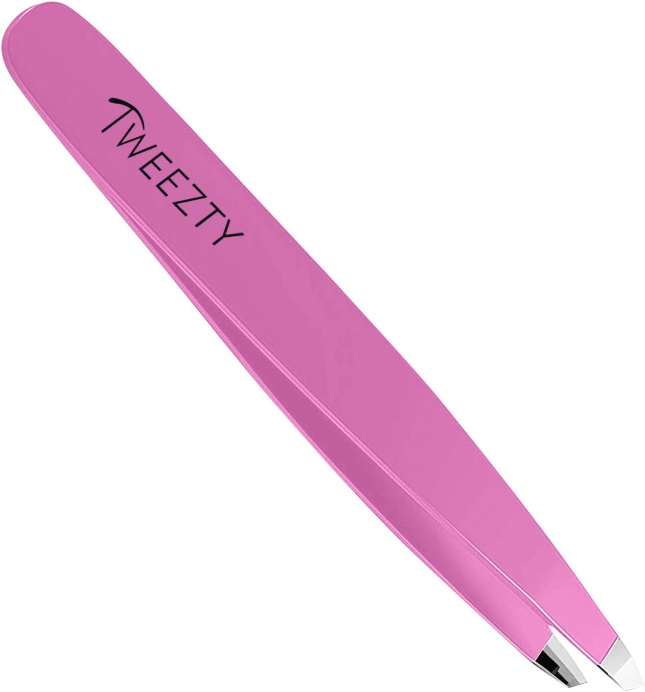 Tweezty Slanted Tweezers - Stainless Steel Tweezers Best Precision Pink Tweezers for Eyebrows