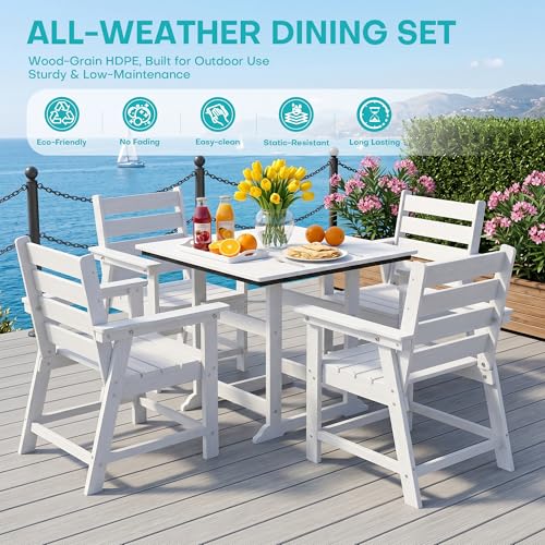 Image of 5 Piece Patio Dining Set, HDPE All-Weather Furniture with 4 Chairs & 1 Square Table, for Backyard, Garden, White