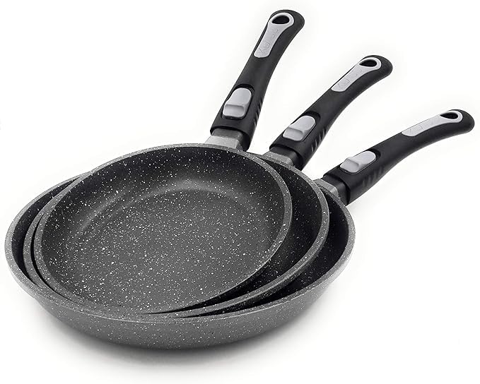 KLAUS Lot de 3 poêles en Pierre de Hautes qualités antiadhésif Compatible Tous Feux Dont Induction les 3 poêle à frire adapté au Four grâce à Leur Manches Amovibles Ø 20 cm, Ø 24 cm et Ø 28 cm