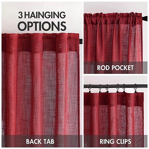 MIULEE Burgundy Red Linen Curtains 90 Inch Long for Bedroom Living Room, Soft Thick Linen Textured Window Drapes Semi Sheer Light Filtering Rod Pocket Back Tab Christmas Burlap Look, 2 Panels