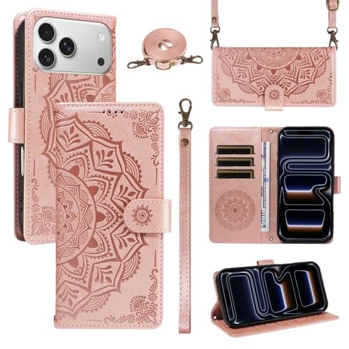 Étui portefeuille iPhone 14 Plus or rose anti-chute avec sangle bandoulière