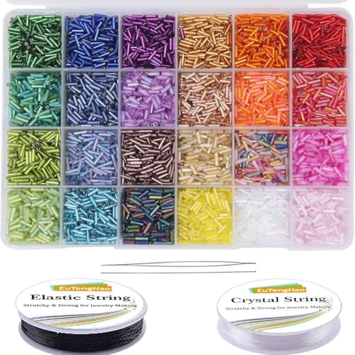 Astrevo 9600Pcs Tube Beads Kit, 7mm Glass Bugle Seed Beads in 24 Colors with Strings and Tweezers, Small Craft Beads for DIY Jewelry, Bracelet, Earring, Necklace Making Supplies