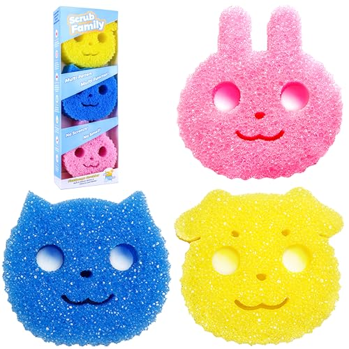 Scrub Family Functional Sponge Scrubber Set - Daddy Mommy Daily Scrub Sponge, Smiley Happy Face, Firm in Cold and Soft in Warm, Scratch Free, No Odor, 3 Cute Animal Patterns (3ct)