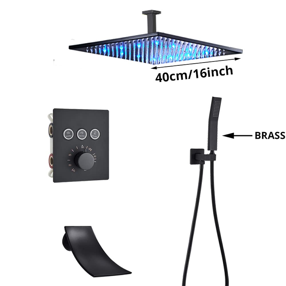 Luksusowa czarna bateria prysznicowa termostatyczna do łazienki deszczownica bateria ścienna do wanny zestaw prysznicowy ścienny B 3W 12" sufitowy,A-3w-16 cali sufitowy