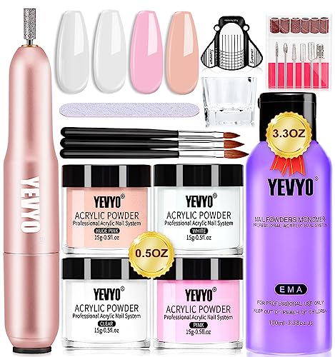 Acrylic Nail Kit With Drill, Acrylic Powder And Liquid Set With Nail Drill, 4Pcs Clear, Nude, Pink, White Nail Powder And 3.4Oz Monomer, Professional Acrylic For Nail Extension #TOP7
