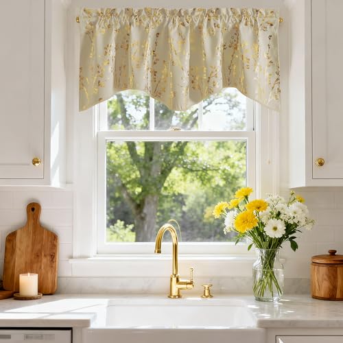 NICETOWN Blackout Light Beige Kitchen Valances Decor for Windows, Gold Foil Flower Shadow Printed Scalloped Drapes 18 Inch Length with Rod Pocket for