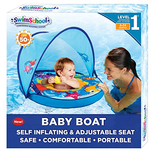 SwimSchool Self-Inflating Super Buoyant, Baby Boat Pool Float, Splash & Play Activity Center, Removable Sun Canopy, UPF 50, Adjustable Safety Seat, 6 to 24 Months, Blue/White