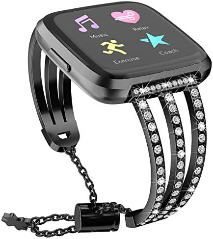 Versa Lite Wristband,elecfan Metal Bracelet Rhinestone Wristband Stainless Steel Rhinestone Watch Strap Replacement Accessories Strap for Fitbit Versa/Versa 2/Versa Lite (Black)