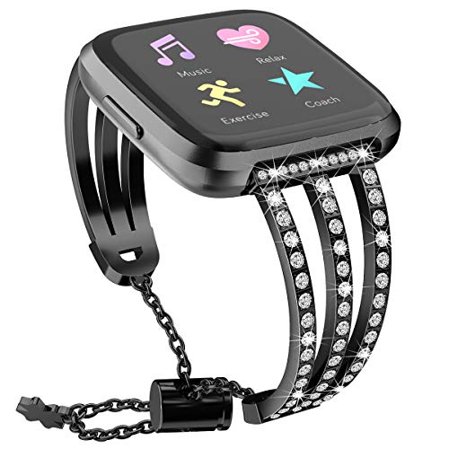 Versa Lite Wristband,Elecfan Metal Bracelet Rhinestone Wristband Stainless Steel Rhinestone Watch Strap Replacement Accessories Strap For Fitbit Versa/Versa 2/Versa Lite (Black) #TOP1
