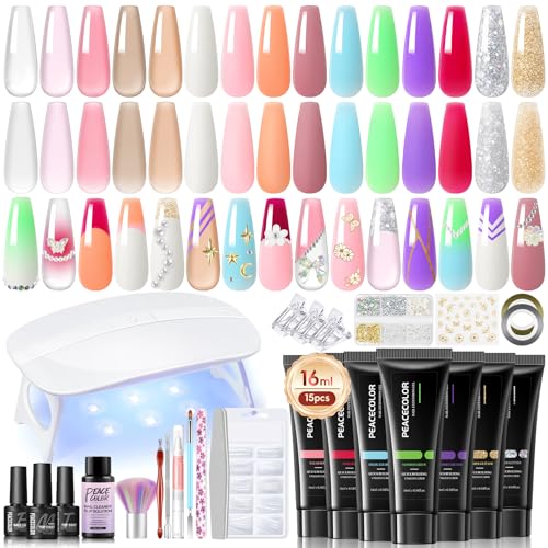 Peacecolor Poly Uñas Gel Kit Completo y Lampara, 15 Colores 16ML Poly Uñas Gel, Base & Top & Matte Coat con UV Lámpara Kit de Gel, Kit Manicura Semipermanente Completo Set Para Principiante