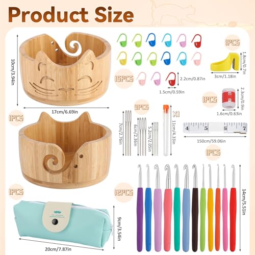 Image of XIEJ Cat Yarn Bowl Set, 7 X 4inch Wooden Yarn Bowls for Crocheting, Knitting Bowl, Yarn Storage Bowls, Crochet Yarn Holder with Crochet Hooks Knitting Tools for Crocheters Knitters Craft