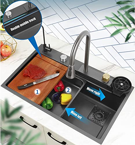 Évier cuisine cascade avec robinet rétractable ensemble complet noir