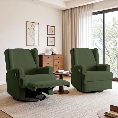 Image of Swivel Rocker Recliner Chairs Set of 2, 360 Swivel Wingback Recliner Chairs for Adults, Upholstered Boucle Fabric Glider Rocking Chair with High Back, Deep Seat for Living Romm Bedroom, Green