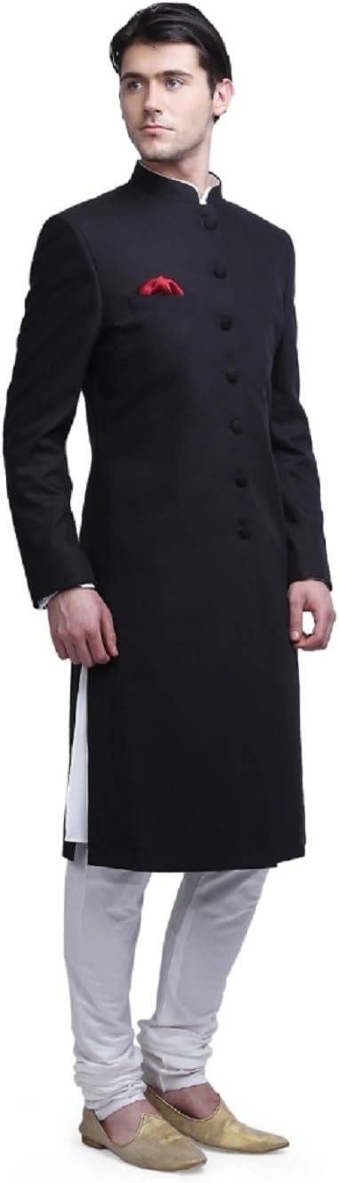 Traditional Mens Wear Long Knee Length Indowestern Marriage Sherwani (42, Black)