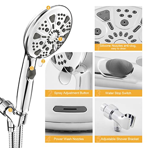 Siepunk High Pressure Shower Head With Hose, 8 Mode Spray Handheld Shower Head With Filter, Giant 5.5" Face, Adjustable Bracket, On/Off Switch Pause Button, 68.9" Stainless Steel Hose, Chrome Finish #TOP5