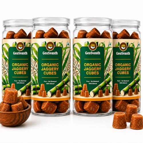Image of Geosvasth Organic Jaggery Cubes | Unrefined & Nutrient Rich Gud |Preservative Free | Desi Gol,Gur, Vellam, Sharkara Bellam | Healthy Sugar Substitute, Iron Boosting | Traditionally made 600g Pack of 2 (600g x Pack of 4)