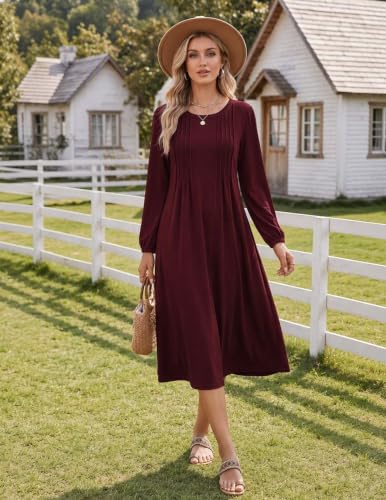 Image of Zeagoo Fall Dresses for Women Long Sleeve Midi Dress Casual A Line Dresses 2026 Pleated Flare Dress with Pockets
