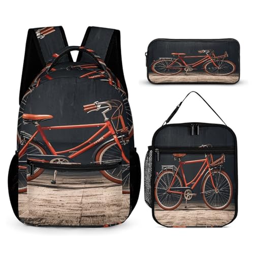 3Pcs Backpack Sets Cruiser Bike Print Travel Daypack 3 in 1 Lightweight Backpack Set with Lunch Bag And Cosmetic Bag
