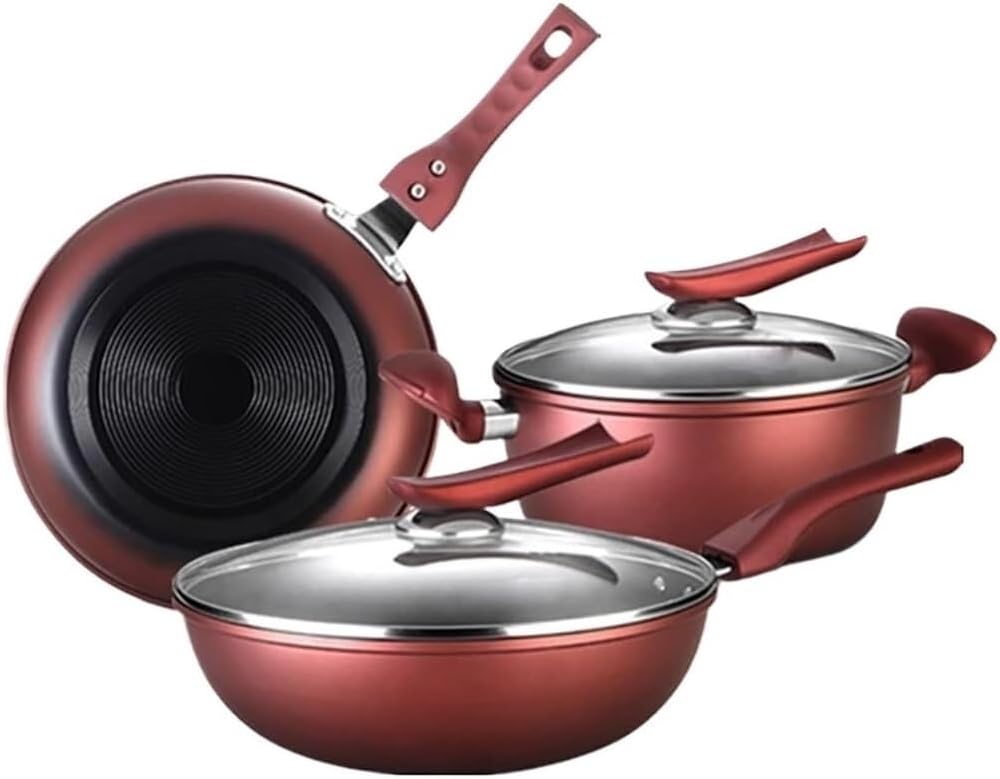 Cookware Cooking Pots, 3Pcs Cookware Set Wok Soup Pot with Lid Frying Pan Wrought Iron Non-Stick Cooking Pot Set Kitchen Kitchen Saucepan Set