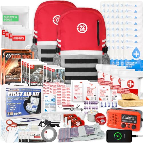 Earthquake Emergency Kit - 72 HRS Deluxe Emergency Bag Survival Kit, Bug Out Bag Survival Kits for Earthquake, Hurricane, Winter - for All Disasters (4 Person Red)
