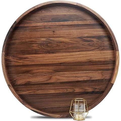 MAGIGO 24 Inches Extra Large Round Black Walnut Wood Ottoman Tray with Handles, Serve Tea, Coffee or Breakfast in Bed, Classic Circular Wooden Decorative Serving Tray Cover