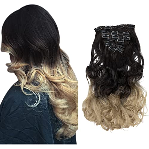 SARLA Ombre Clip in Hair Extensions Black to Ash Blonde Full Head 7 Pcs Curly Wavy Synthetic Hairpiece for Women 20 Inch