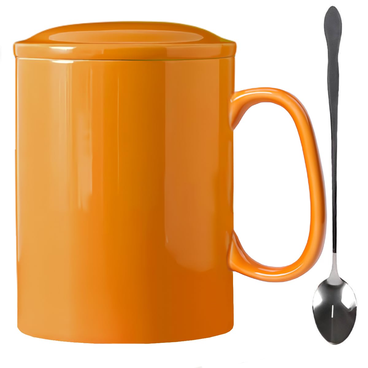 GANBEITEE Extra Large Ceramic Tea Mug,Big Porcelain Coffee Mugs, 33oz Oversized Mugs Teacup with Lids Spoon, Microwave Dishwasher Safe (Orange)