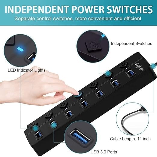 Image of 7-Port USB 3.0 with Switches | USB Power Hub & Multi-Device High Speed Charging Station | LED Indicators | 1FT Cable for PC, Laptop, Mac, Printer