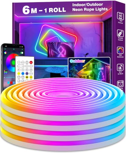 LETIANPAI 6m Neon LED Strip Flexible LED Strips Control with App/Remote Multiple Modes Waterproof Music Sync Gaming Strip Lights for Bedroom Indoor IP65 Outdoor RGB Neon Lights