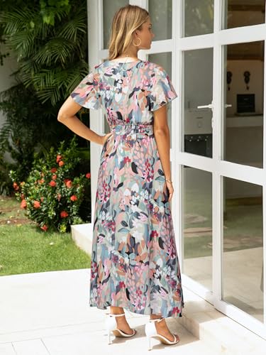 Image of Simplee Womens Floral Maxi Dress - Short Sleeve Summer Boho Wedding Guest Dress Empire Waist Chiffon Modest Midi Dresses