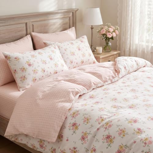 Freyamy Blumen Bettwäsche 135x200 2teilig Cremeweiß Rosa Mikrofaser – Ansicht 1