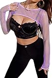 Avidlove Womens Purple Crop Top Long Sleeve for Women Fishnet Shirt O Neck for Club Party XL