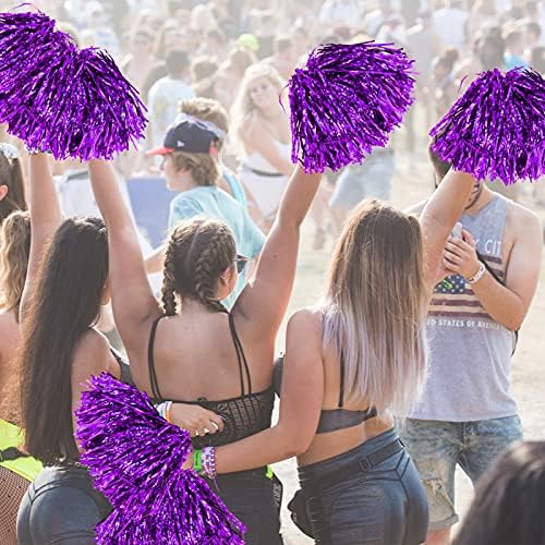 12Pcs Metallic Cheerleading Pom Poms with Cozy Handle, JC-Houser Adorable Cheerleader Pompoms Hand Flowers for Kids Adults Ball Dance Sports Team Spirit Cheering Fancy Dress Night Party (Purple)