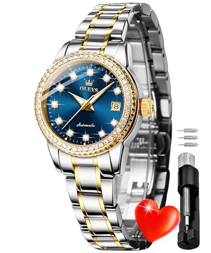 Image of OLEVS Womens Diamond Watches Automatic Mechanical Gold Luxury Dress Ladies Self Winding Original Stainless Steel Wrist Watch