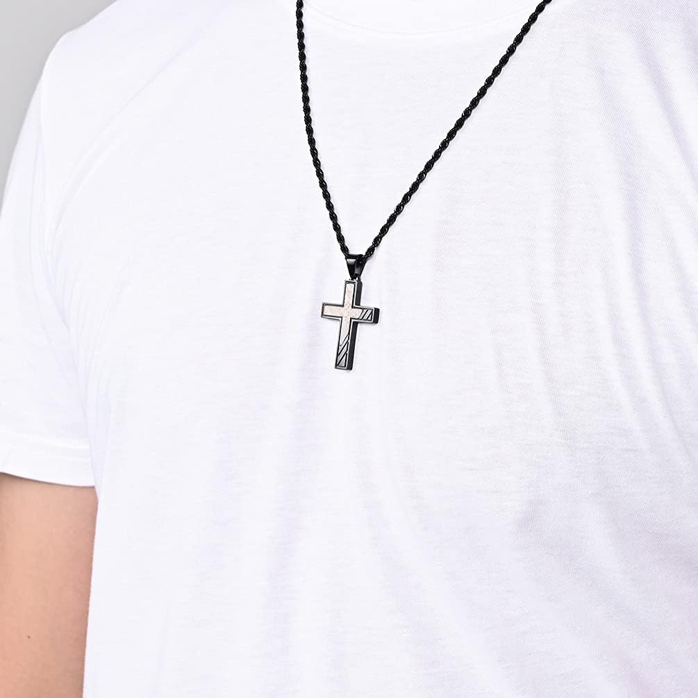 JO WISDOM Black Blue Cross for Men Necklace 316L Stainless Steel Titanium Steel Crucifix Religious Cross Pendant with 24 Inch Pearl Chain 3 MM - Image 6