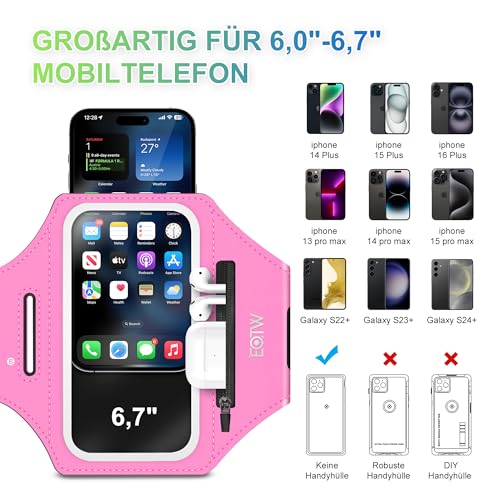 EOTW Joggen Sportarmband - Handyhalterung Arm Tasche für MP3-Player/iPhone 17/16/15/14/13 Pro Max Galaxy S25+/S24+/S23+/S22/S21(Rosa,6,0\~6,7\)