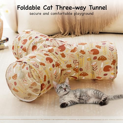 Image of Tempcore Cat Tunnel for Indoor Cats, 3 Way Collapsible Pet Play Tunnel with Teaser Wand, Peek Holes & Hanging Ball, Interactive Tube for Kittens & Rabbits, Khaki Hedgehog