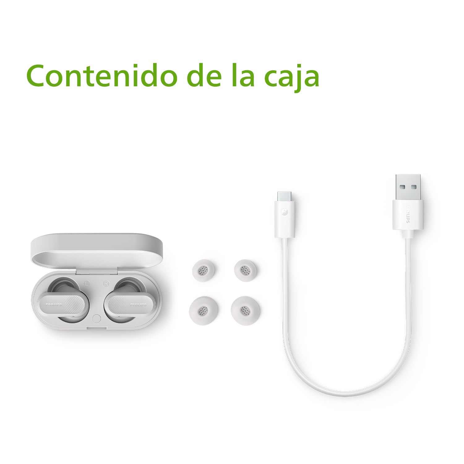 Philips TAT3509WT Auriculares Inalámbricos Bluetooth con Cancelación de Ruido - Pequeños, Sonido Natural, Graves dinámicos, Estuche de Carga de Bolsillo, Llamadas claras - Blanco