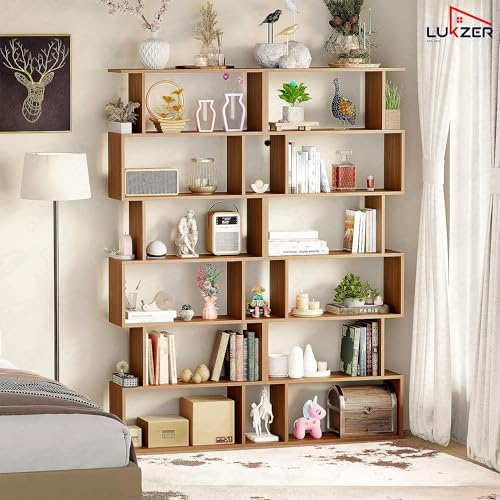 Image of Lukzer 6-Layer S-Shape Ladder Bookshelf | Engineered Wood Open Display Rack | MR-002 /Oak Brown | Modern Bookcase for Living Room, Office & Study Room /Library | Home Storage Organizer (178x70x24 cm)DIY