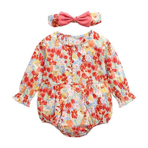 Sanlutoz Algodón Niñas Bebés Princesa Monos + Venda Linda Flores Ropa de bebé Manga Larga Bebé una Pieza (0-6 Meses, BRW2049-RD) Cover