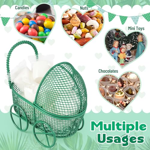 Image of Threehoney 12 Pcs Baby Shower Mini Carriage Decoration Safari Green Metal Wired Fillable Candy Stroller Baby Shower Table Centerpiece for Guest Gender Reveal Wedding Party Favor Gift