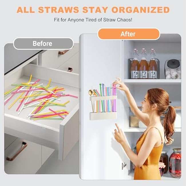 9.6'' Large Straw Holder for Cabinet Door, Soft Silicone Straw Organizer Storage Container with Double Sided Adhesive Tape, Space-Saving Kitchen Organizer Accessories for Cabinet Cupboard Counter RVs