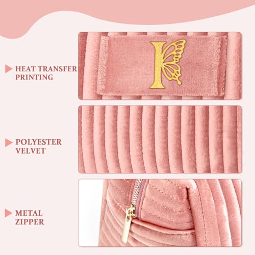 Image of COSHAYSOO Travel Makeup Bag Quilted Make Up Pouch Initial Velvet Cosmetic Case with Butterfly Decorations for Women Cheerleader Volunteer Boss Lady Office Administrator Counselor Gifts Pink Letter I