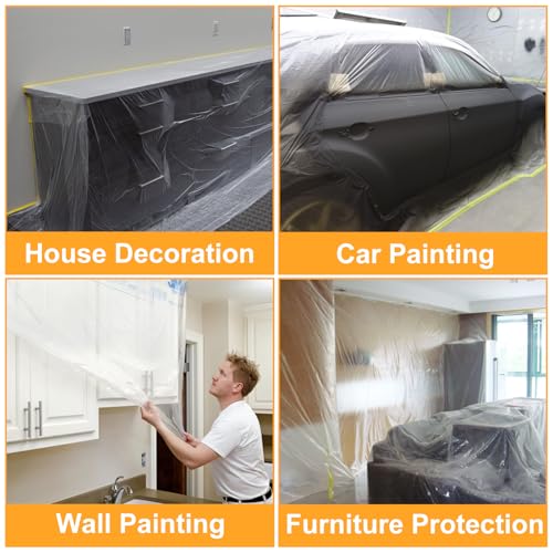 Image of Tape and Drape with 4 Rolls Masking Tape, 4 Sizes Pre Taped Masking Film for Automotive Painting Covering, Multi Use Painters Plastic with Tape for Car Furniture Painting Sheeting Covering