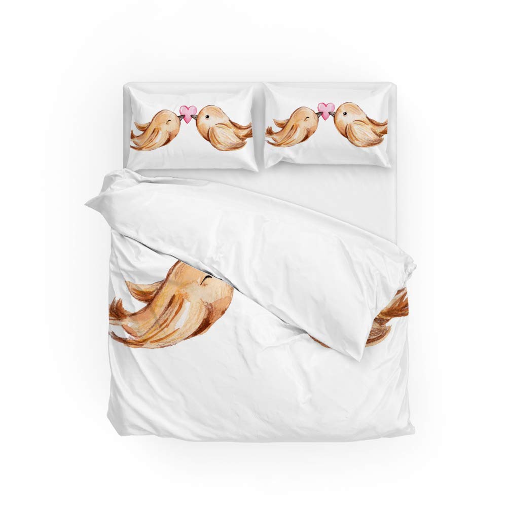 Taie d'oreiller et housse de couette oiseaux rose blanc parure de lit double