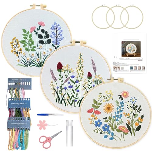 Image of naexuauu Adult Embroidery Kit for Beginners DIY Materials with 3 Bamboo Hoops and Pre-Printed Patterns with Step-by-Step Tutorials Suitable for Home Decoration