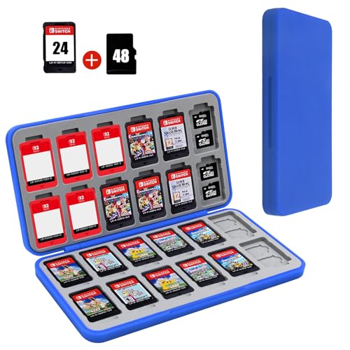 Image of FYY Nintendo Switch Game Case Holder for Switch 2 Cartridge Case with 24 Game Card Slots & 48 Micro SD Card Slots, Hard Shell, Silicone Lining Blue