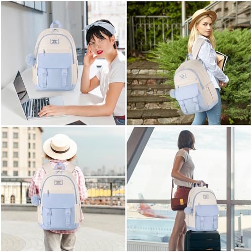 Image of WINDARS School Backpack for Teen Girls, Cute College Backpacks for Women Students Aesthetic Bookbag Large 15.6 Inch Laptop Bag Middle School Travel Back Pack (Blue Beige)
