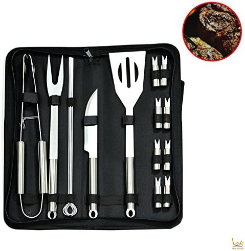 WK Home BBQ Grill Tools with Carrying Case Stainless Steel Tools Complete Barbeque Tongs, Spatula, Fork, Knife, Corn Holders, Skewers - 16 Piece Set