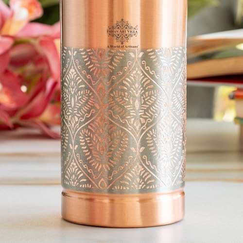 Image of INDIAN ART VILLA Pure Copper Water Bottle, Half Embossed Lacquer Coated Bottle for Drinking Water, Ayurvedic Health Benefits, Leak Proof Bottle for Home, Office, Travel & Gifting, 1150 ML
